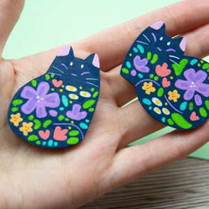 Flower Cat Blue Pins or Magnets Handmade Hand Painted image 3