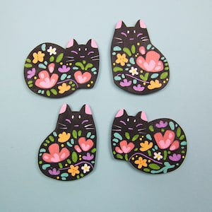 Flower Cat Black Pins or Magnets Handmade Hand Painted zdjęcie 7