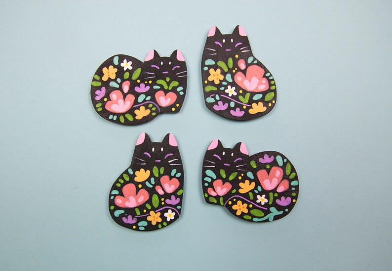 Flower Cat Black Pins or Magnets Handmade Hand Painted zdjęcie 7