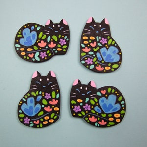 Flower Cat Black Pins or Magnets Handmade Hand Painted zdjęcie 6