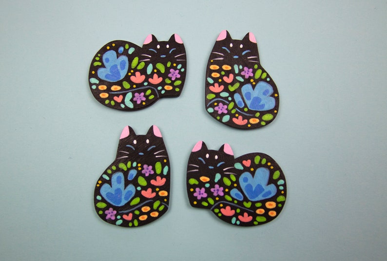 Flower Cat Black Pins or Magnets Handmade Hand Painted zdjęcie 6