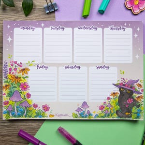 Veckoplaneringsblock - Blommig häxkatt - Pappersmaterial | Storlek A5 - 13,5 x 21,5 cm