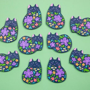 Flower Cat Blue Pins or Magnets Handmade Hand Painted image 2
