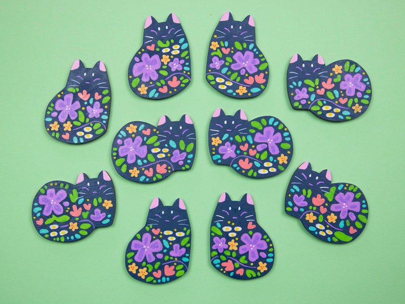 Flower Cat Blue Pins or Magnets Handmade Hand Painted zdjęcie 2