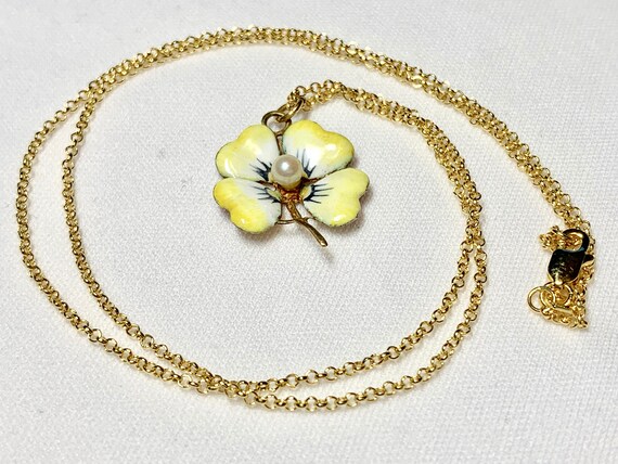 Enameled Pansy Necklace, 14k yellow  Pearl Center… - image 5