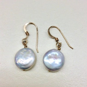 Vintage bridal or prom earrings single drop coin pearl 14k yellow gold Filled June Birthstone