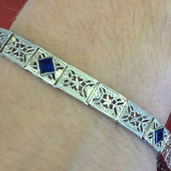Reserved Do not buy thank YouEdwardian White Gold Filigree Bracelet with Calibre Cut Synthetic Blue Sapphires, 10karat Filigree