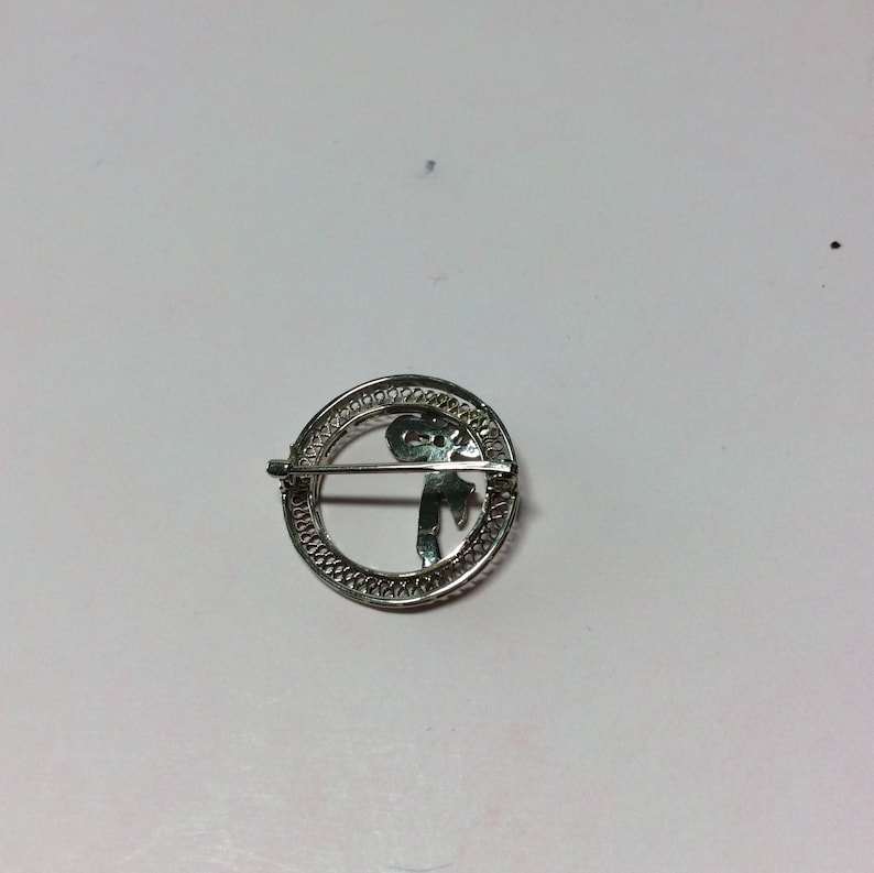 Antique Diamond Brooch in 10k White Gold Filigree Circle with Bow 1920/'s Edwardian