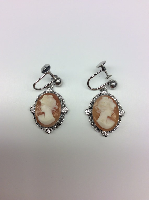 14k white gold Cameo Earrings 1940s Cameo Italian 