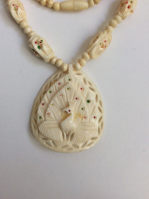 Peacock Enameld Pendent in Bone with carved ename… - image 1