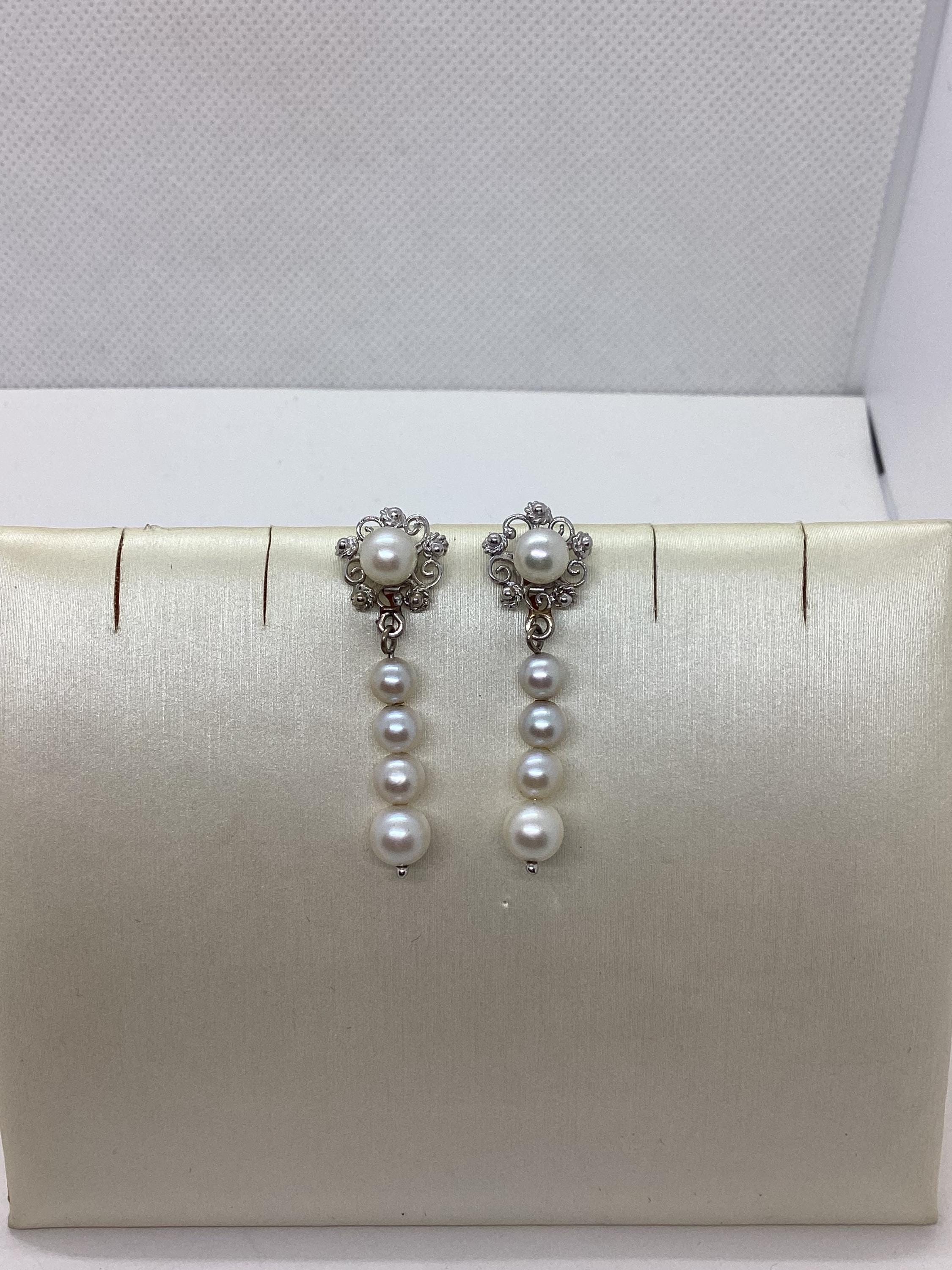 Vintage Pearl earrings double drop 14k white gold Pierced