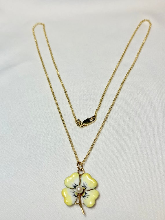 Enameled Pansy Necklace, 14k yellow  Pearl Center… - image 9