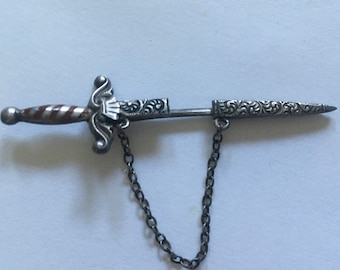 Antique sterling silver Jabot Sword Pin Brooch with Enameled Hilt