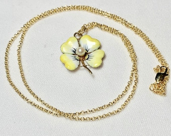 Enameled Pansy Necklace, 14k yellow  Pearl Center , Yellow Pansy Pendent, Pansy