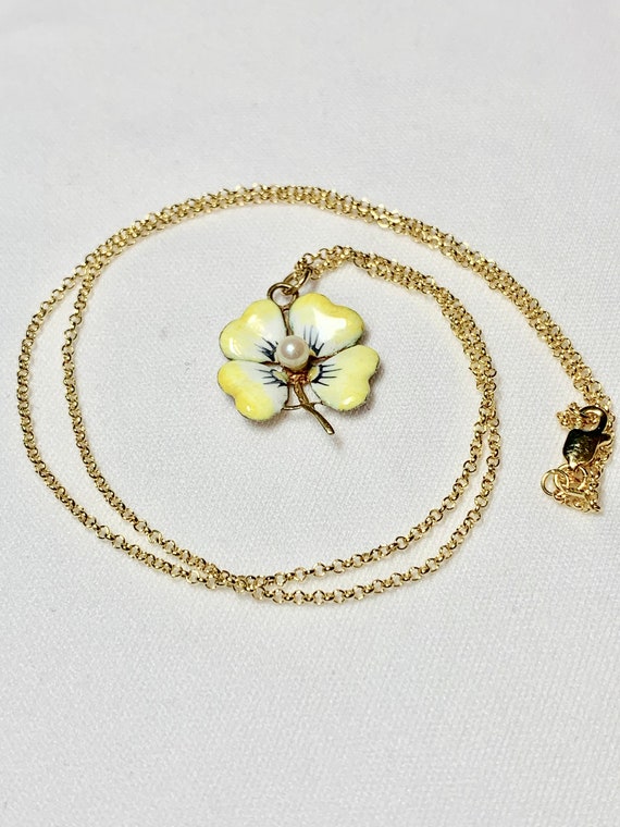 Enameled Pansy Necklace, 14k yellow  Pearl Center… - image 1