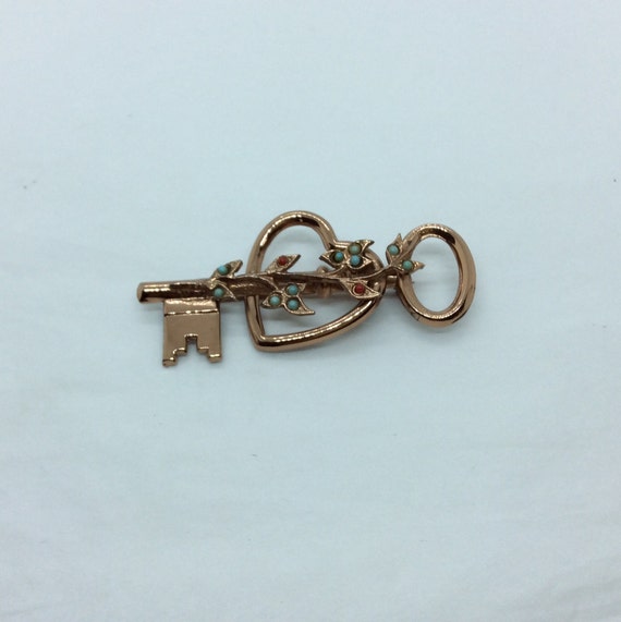 Vintage Coro rose gold key bouquet heart brooch m… - image 2