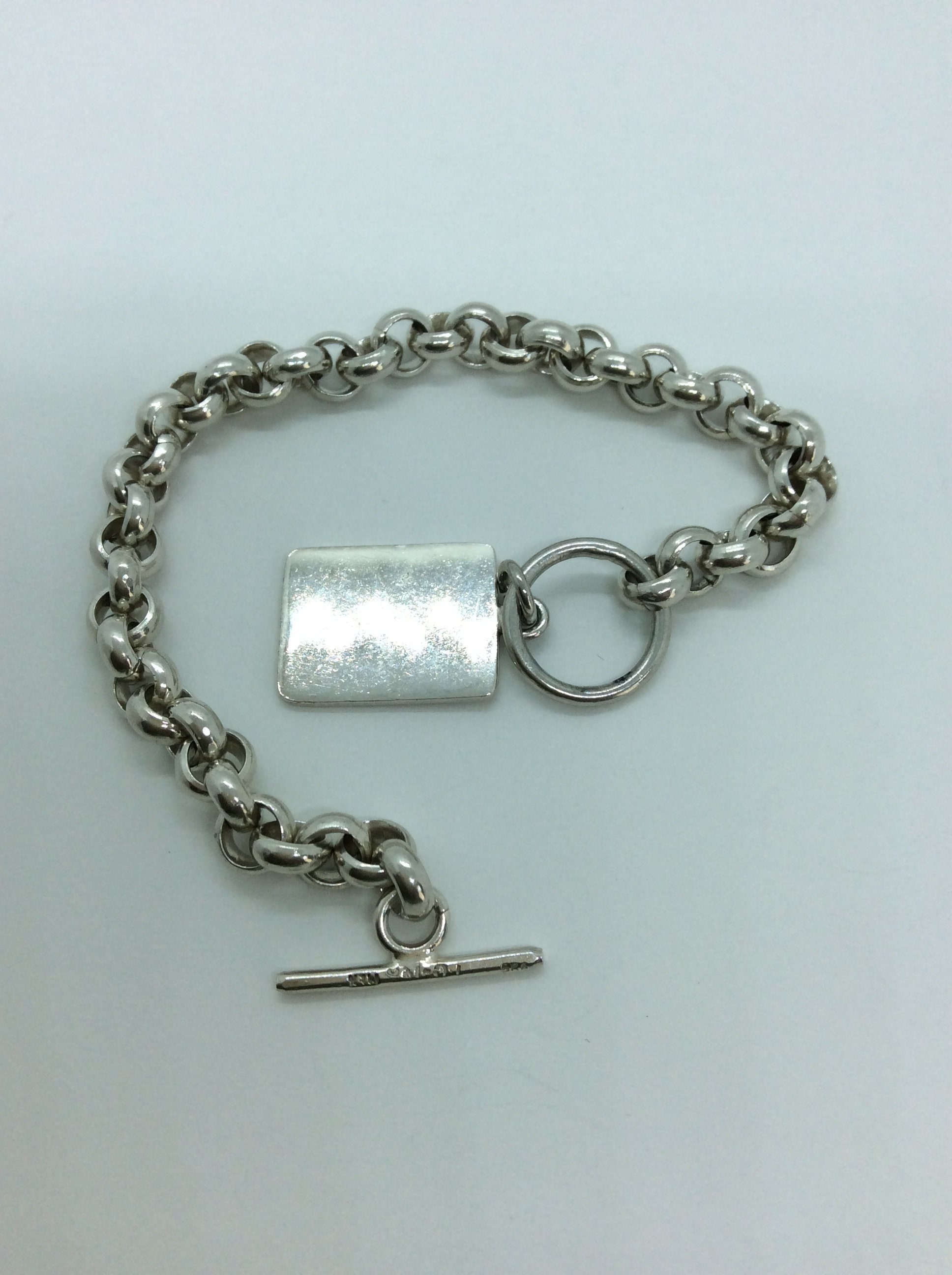 Vintage Heavy Sterling Silver Large Link ROLO Bracelet with Dog ID Tag Drop .925