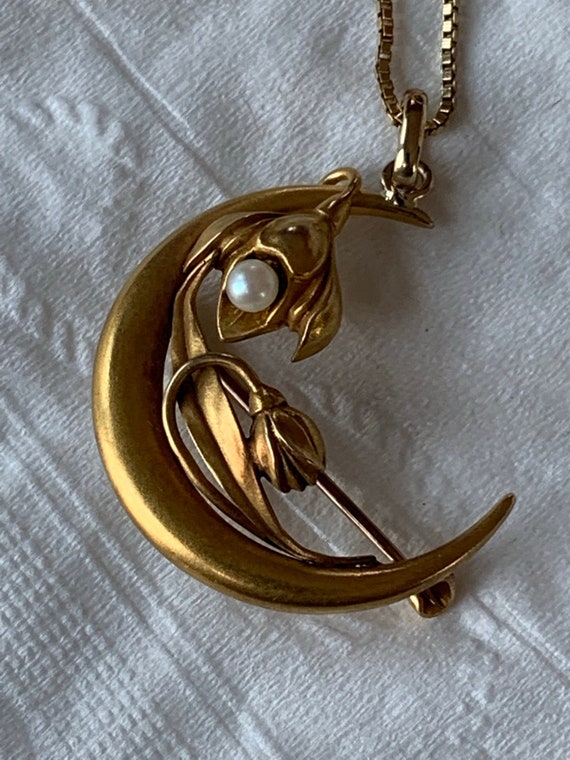 Art Nouveau  Crescent  Moon with Flowers And pearl