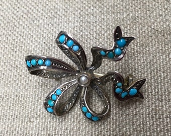 Antique Turquoise Bow Brooch 1890-1900 excellent condition Sterling Silver large