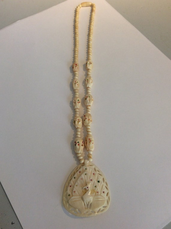Peacock Enameld Pendent in Bone with carved ename… - image 3