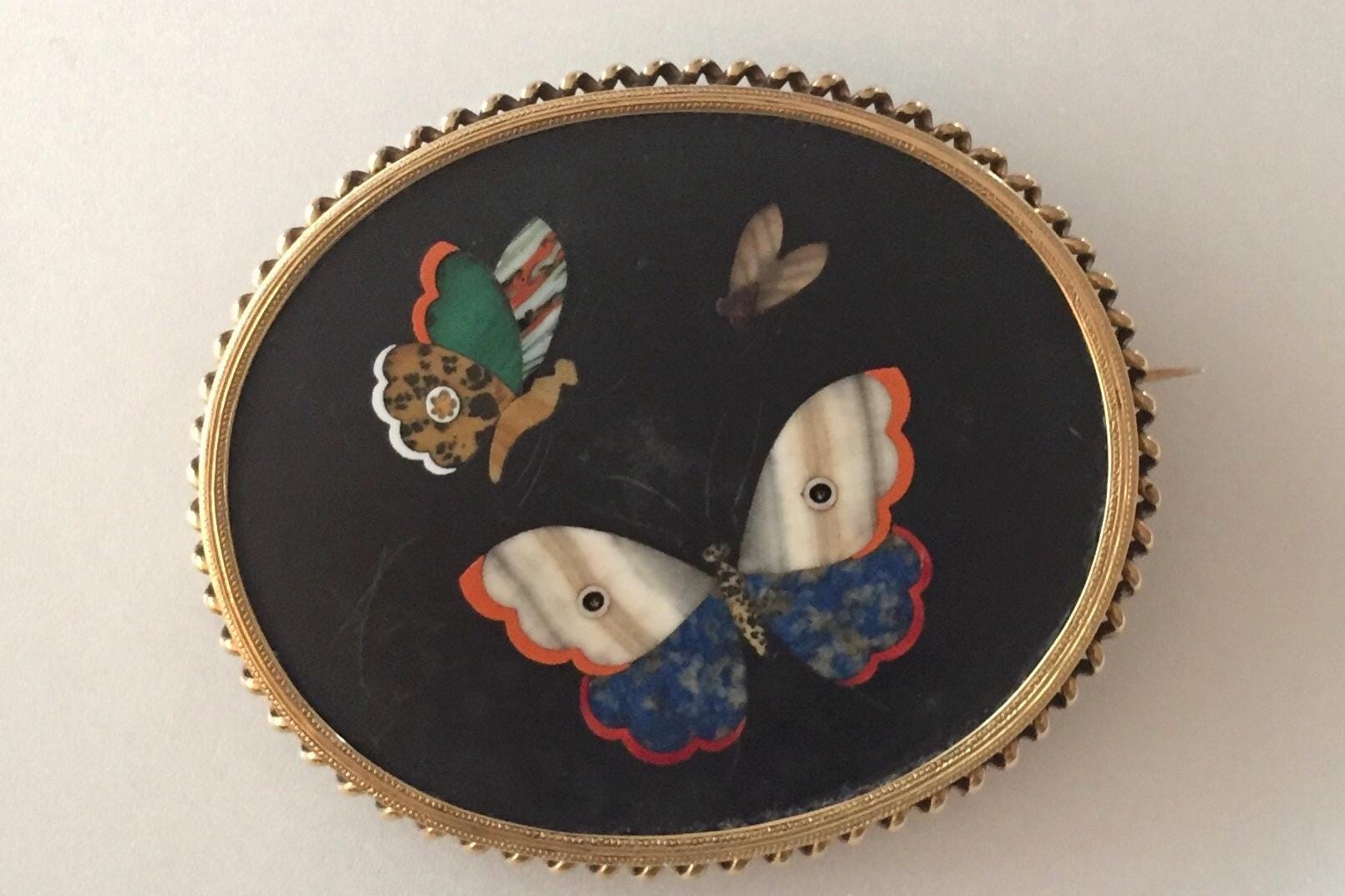 Reduced Price Antique Pietra Dura Butterflies Brooch in 14K  yellow gold Nice Symmetry excellent condition