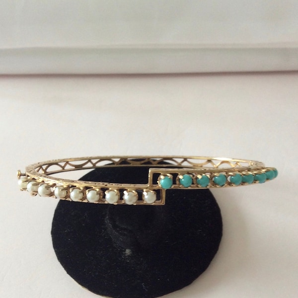 Vintage  14k bangle bracelet with a bypass of pearls and turquoise with solid etched sides, hard bangle, hinged bangles