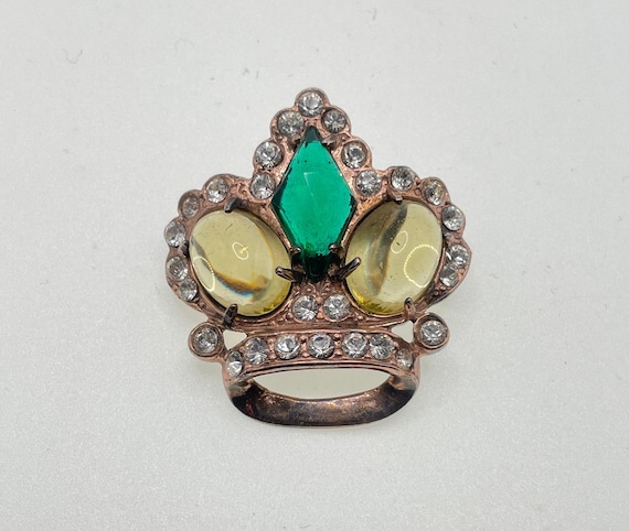 Vintage Green and Yellow Crown Brooch. Jelly bell… - image 1