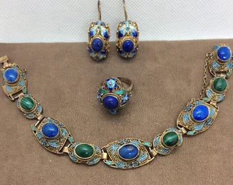 Chinese Enameled Bracelet, Ring and Earrings  Enameled Flowered Links And leaves with