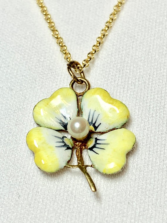 Enameled Pansy Necklace, 14k yellow  Pearl Center… - image 2