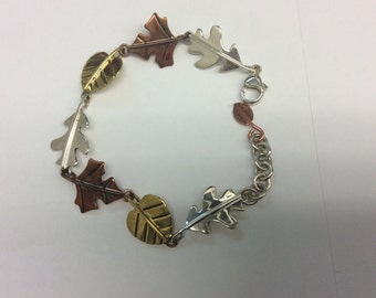 Vintage Sterling Silver and copper Leaves And Brass Hearts Bracelet unique