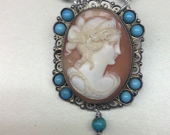 Vintage Shell Cameo Long Necklace of Joan of Arc with Turquoise Surround and handmade Turquoise and Pearl 26” Necklace