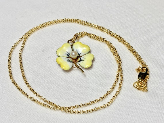 Enameled Pansy Necklace, 14k yellow  Pearl Center… - image 4