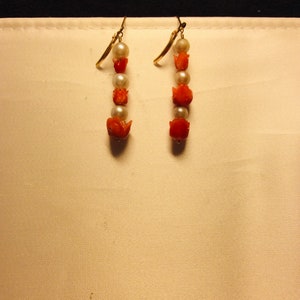 Coral Dangle Earrings with Pearls , Coral Flower Drop and White  Pearls Gold Filled Handmade wires