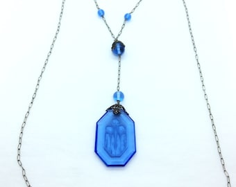 Lily of the Valley Large Blue Glass Pendant In Chromium with Filigree Cap and Blue glass bead stations