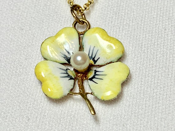 Enameled Pansy Necklace, 14k yellow  Pearl Center… - image 3