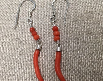 Antique Coral Horn Dangle Earrings, Repousse Sterling Silver