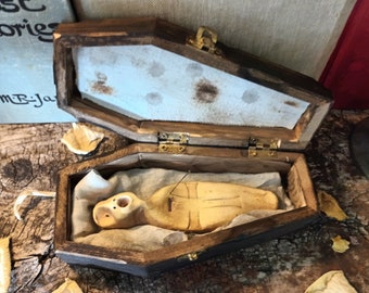 Poppet and Coffin, Gothic, Gift. Halloween, Yule, Birthday, Sculpture, Magic, Folklore, Macabre, Unusual, Horror, Statue, Voodoo, Death.
