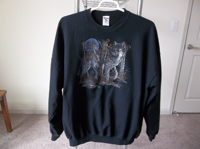 Vintage black Sweatshirt Wolf 1990s 1980s 3Xl Jerseys Faded Distressed Preppy Grunge Unique Casual Street Clothing image 3