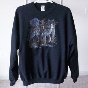 Vintage black Sweatshirt Wolf 1990s 1980s 3Xl Jerseys Faded Distressed Preppy Grunge Unique Casual Street Clothing image 1