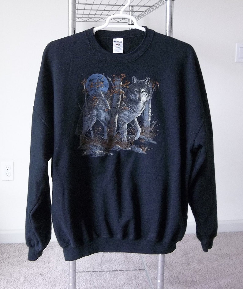 Vintage black Sweatshirt Wolf 1990s 1980s 3Xl Jerseys Faded Distressed Preppy Grunge Unique Casual Street Clothing image 1