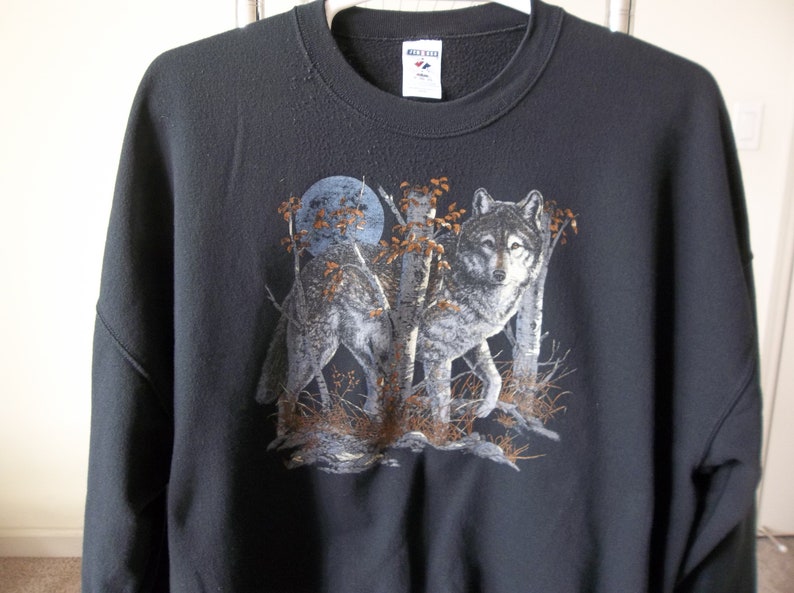 Vintage black Sweatshirt Wolf 1990s 1980s 3Xl Jerseys Faded Distressed Preppy Grunge Unique Casual Street Clothing image 4