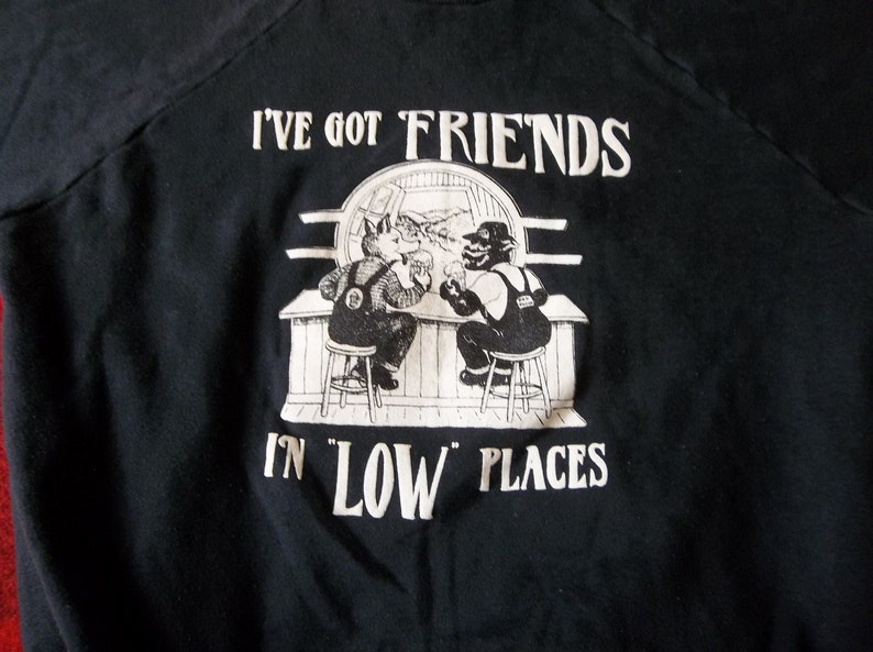 Vintage Sweatshirt 1980s We got Friends in Low Places Beer Animal Puffy Shirt Medium Distressed Hipster Grunge Casual Collectors image 1