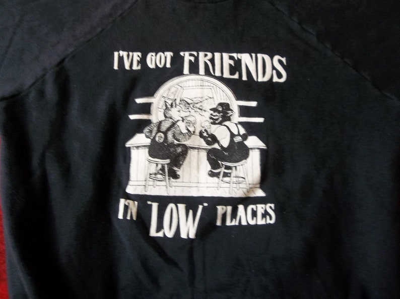 Vintage Sweatshirt 1980s We got Friends in Low Places Beer Animal Puffy Shirt Medium Distressed Hipster Grunge Casual Collectors image 5