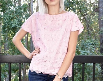 SAMPLE SALE -50% Size S Pink Floral Shirt Womens Short Sleeve Pink Blouse Pink Embroidered Lined Top Casual Work Custom Fashion Clothing