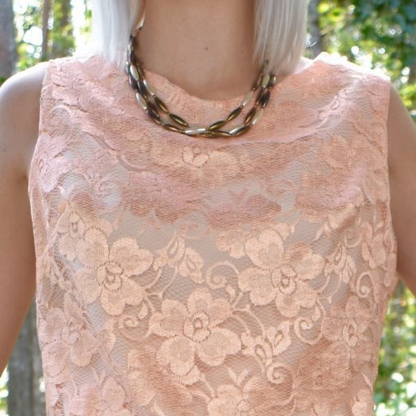 SAMPLE SALE -50% Peach Pastel Sleeveless Womens Floral Lace Top Shirt Blouse Pretty Beautiful Casual Work
