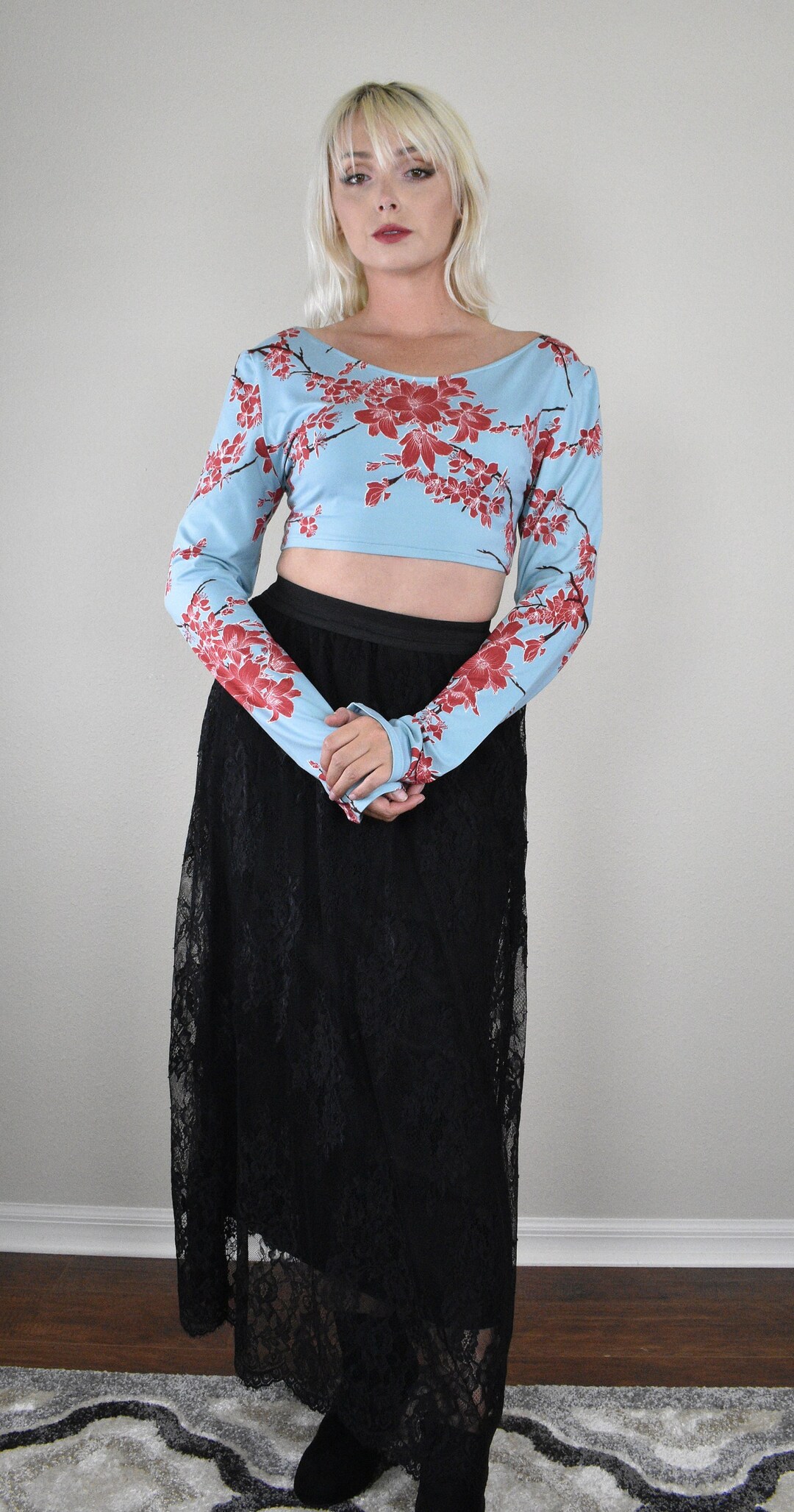 Blue Floral Crop Top Womens Long Sleeve Japanese Asian Harajuku Anime