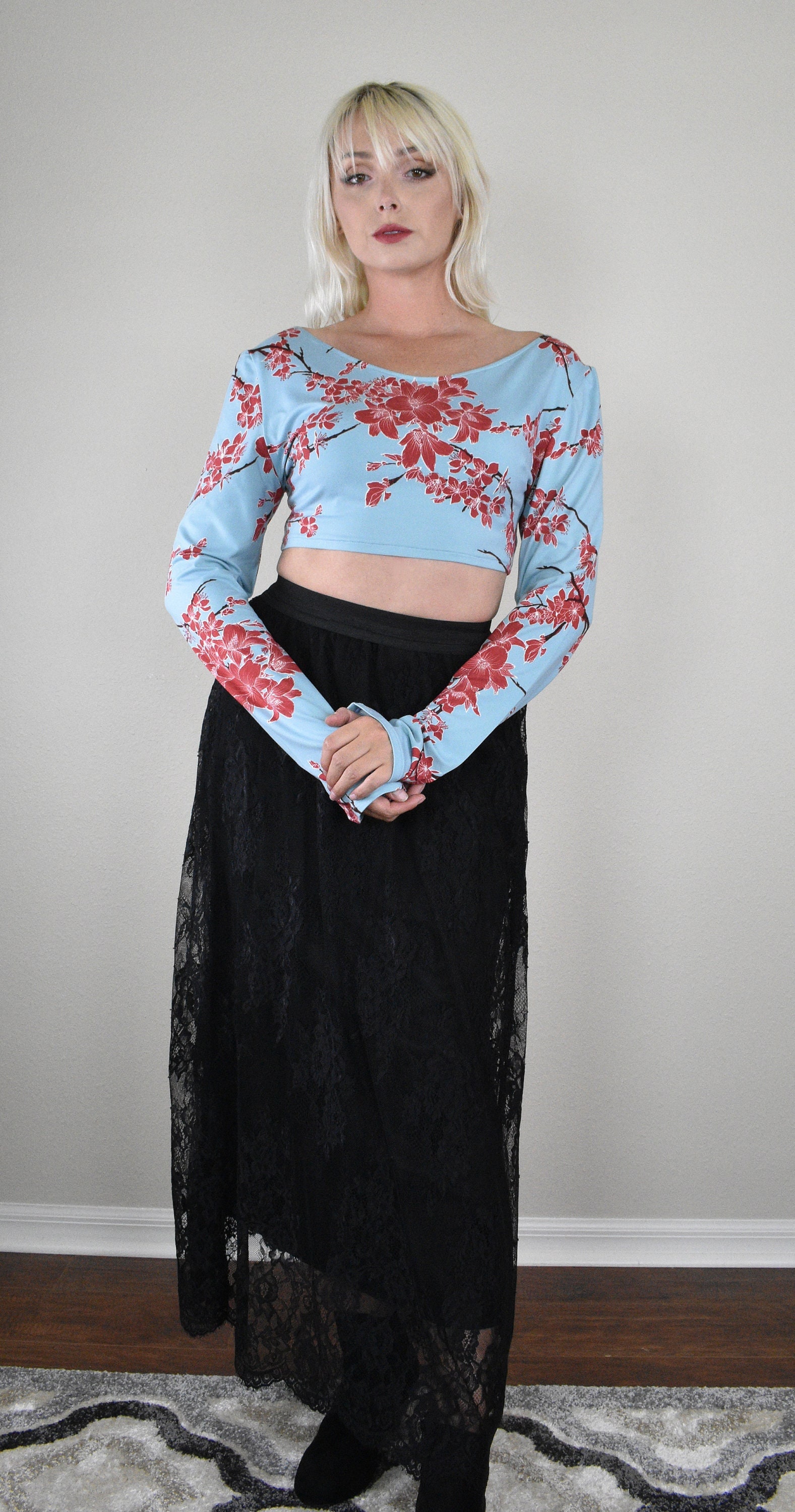 Cherry Blossom Crop Top / Size XS-XL Womens Long Sleeve Japanese