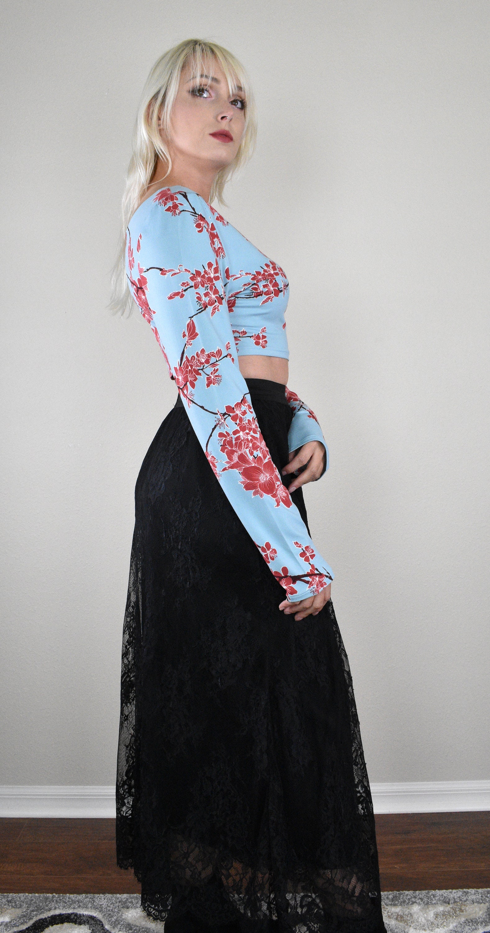 Cherry Blossom Crop Top / Size XS-XL Womens Long Sleeve