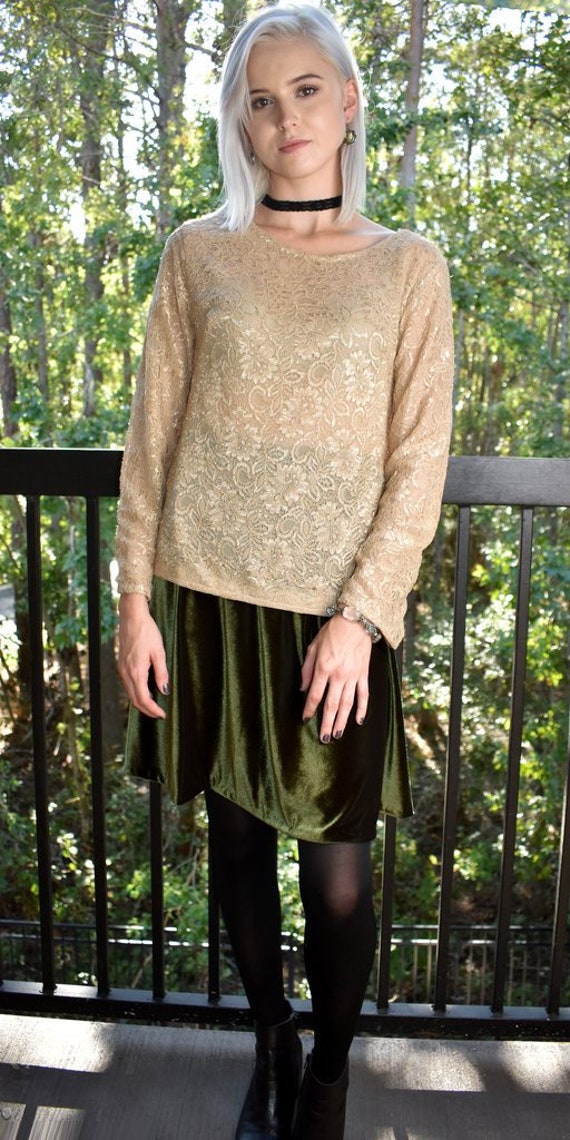 Beige Lace Top XS-XL Womens Blouse Long 
