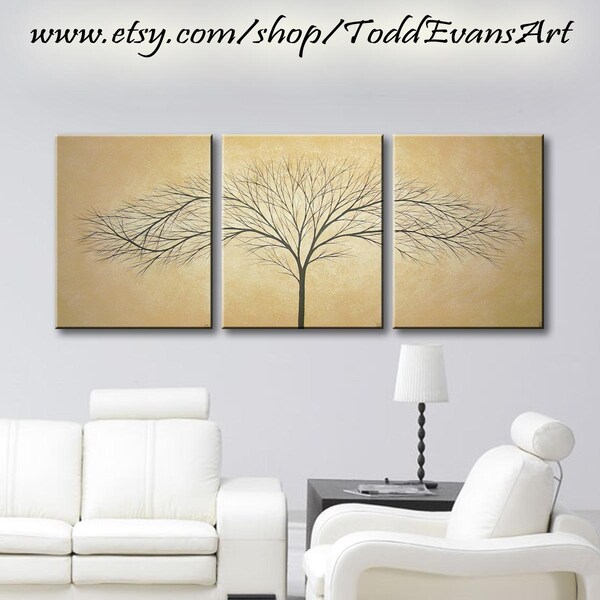 ON SALE, 48x20 inches Original Artwork 3 Piece Wall art, set Large Canvas Brown light brown Trees set of 3 tree Painting Wall Decor Triptych